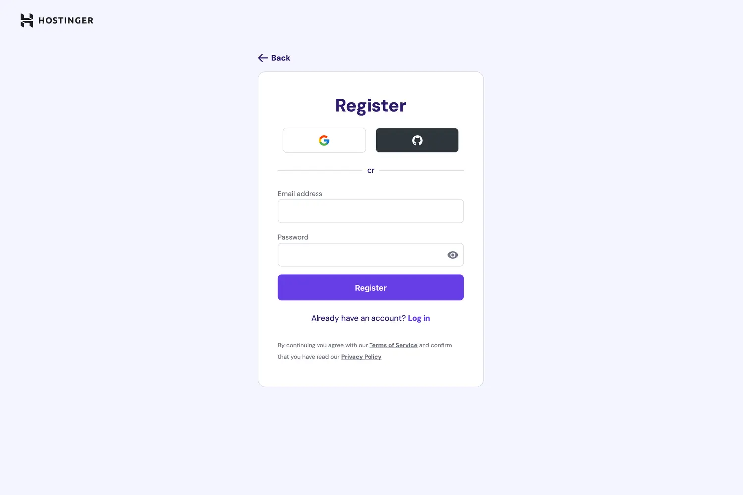 Hostinger account registration page