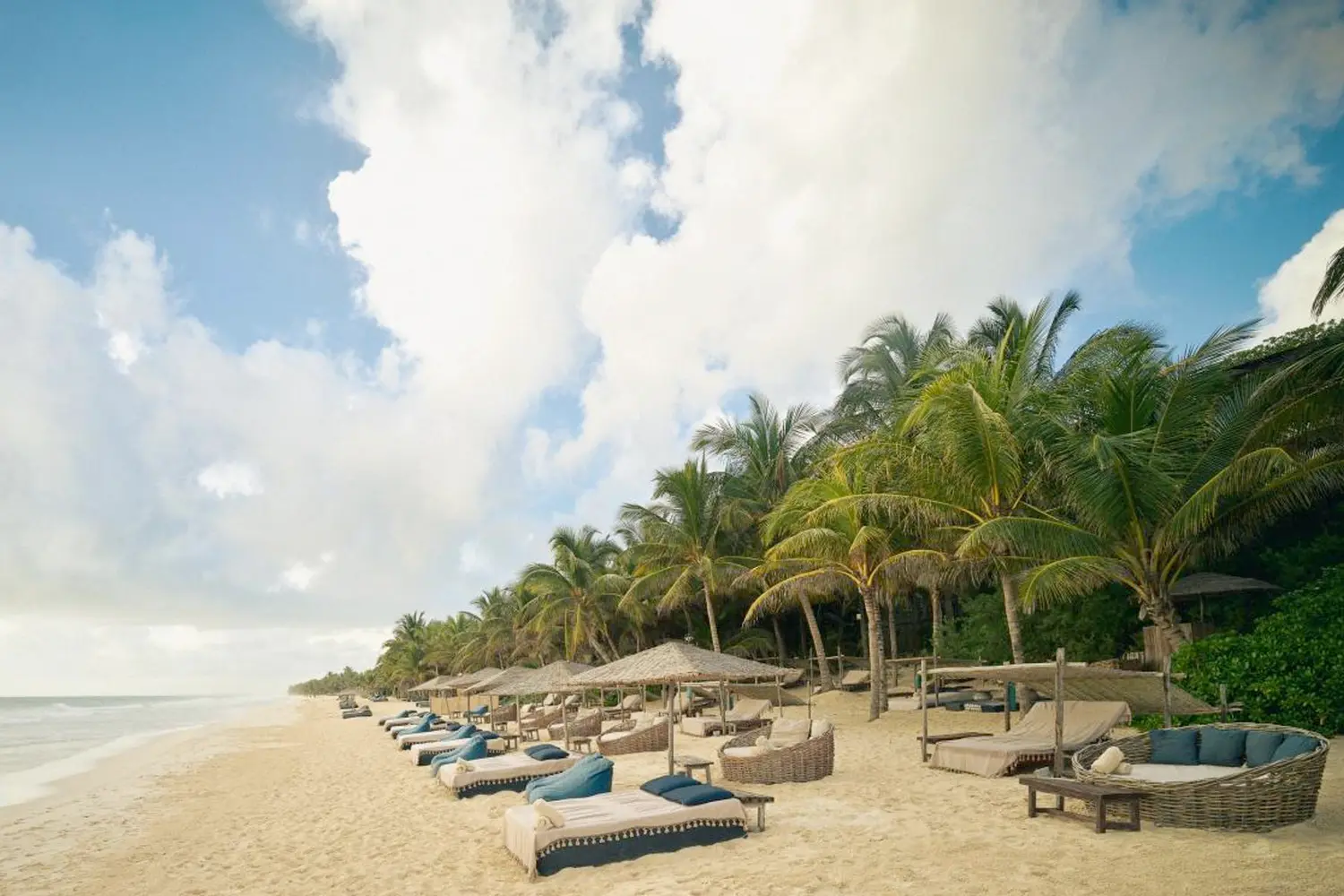 private beach area with trees and lounging chairs at Be Tulum Beach & Spa Resort