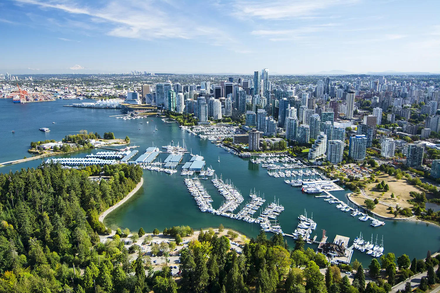 An aerial image of Coal Harbor and Vancouver, BC