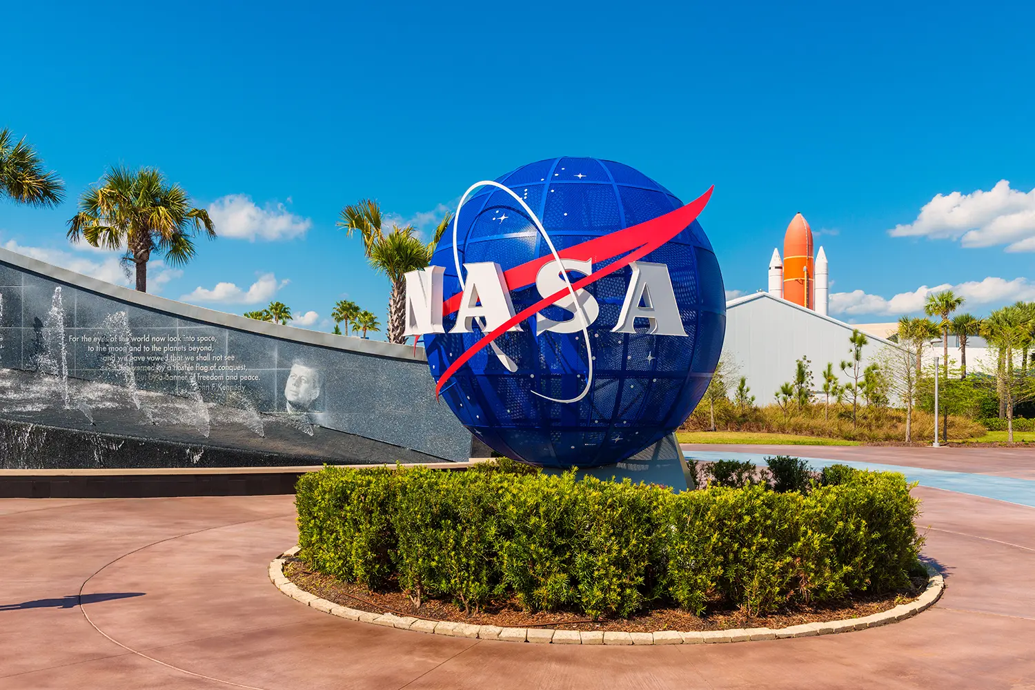 NASA Logo on Globe at Kennedy Space Center Visitor Complex in Cape Canaveral, Florida, USA