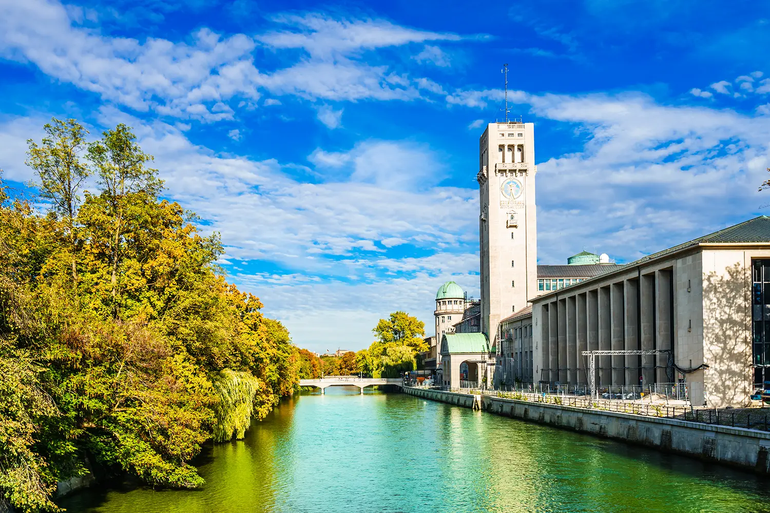 Deutsches Museum in Munich with Isar river, Germany