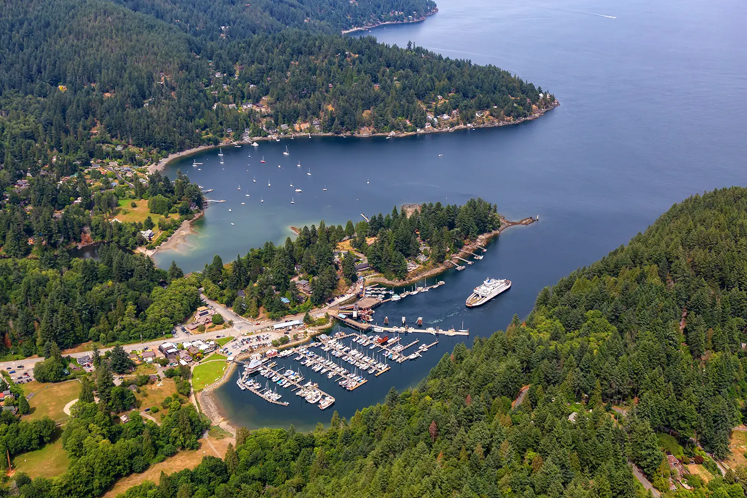 Snug Cove, Bowen Island, British Columbia, Canada. Aerial view of a marina and Ferry Terminal on the Island near Vancouver in Howe Sound.