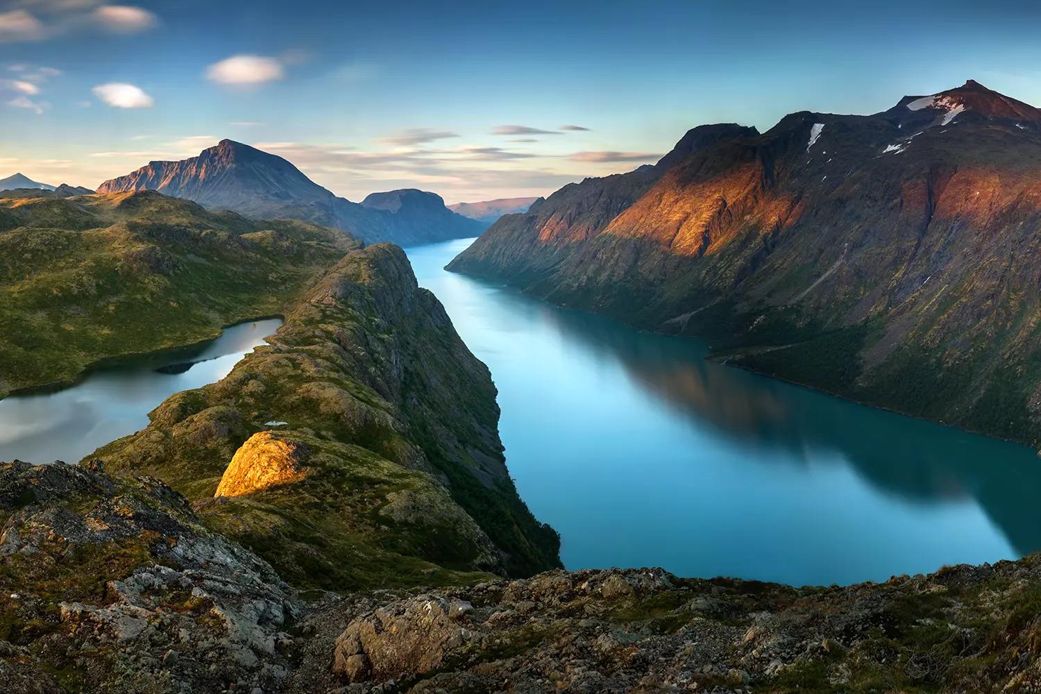 Panorama of Gjende Lake in Jotunheimen mountains, Norway