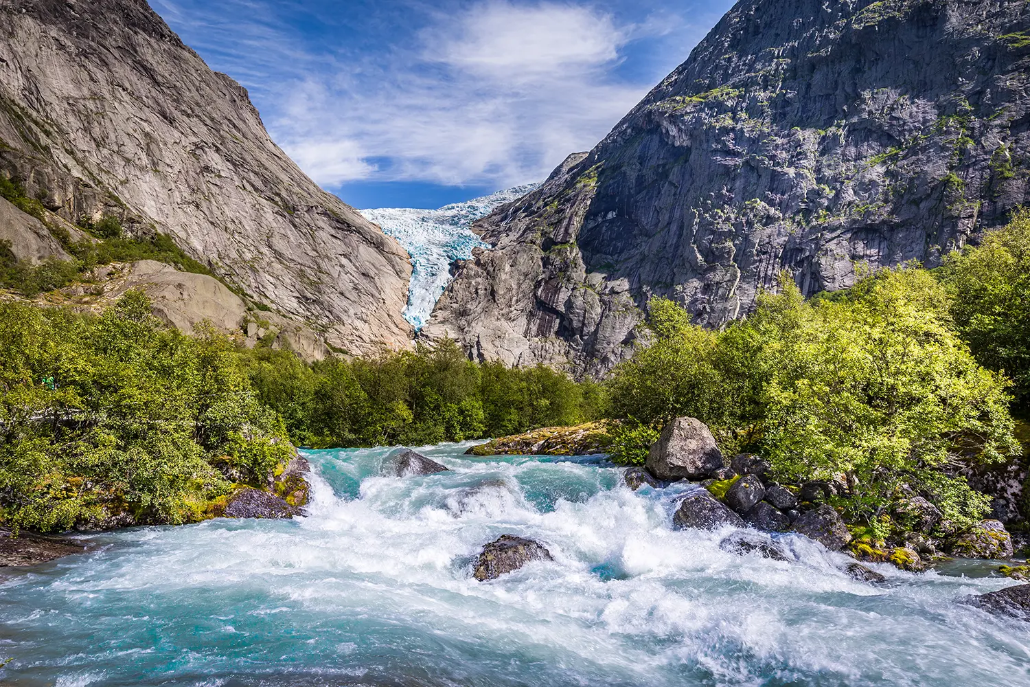 Briksdal glacier in Norway well known arm of the large Jostedalsbreen glacier in Oldedalen valley in Norway, Scandinavia.