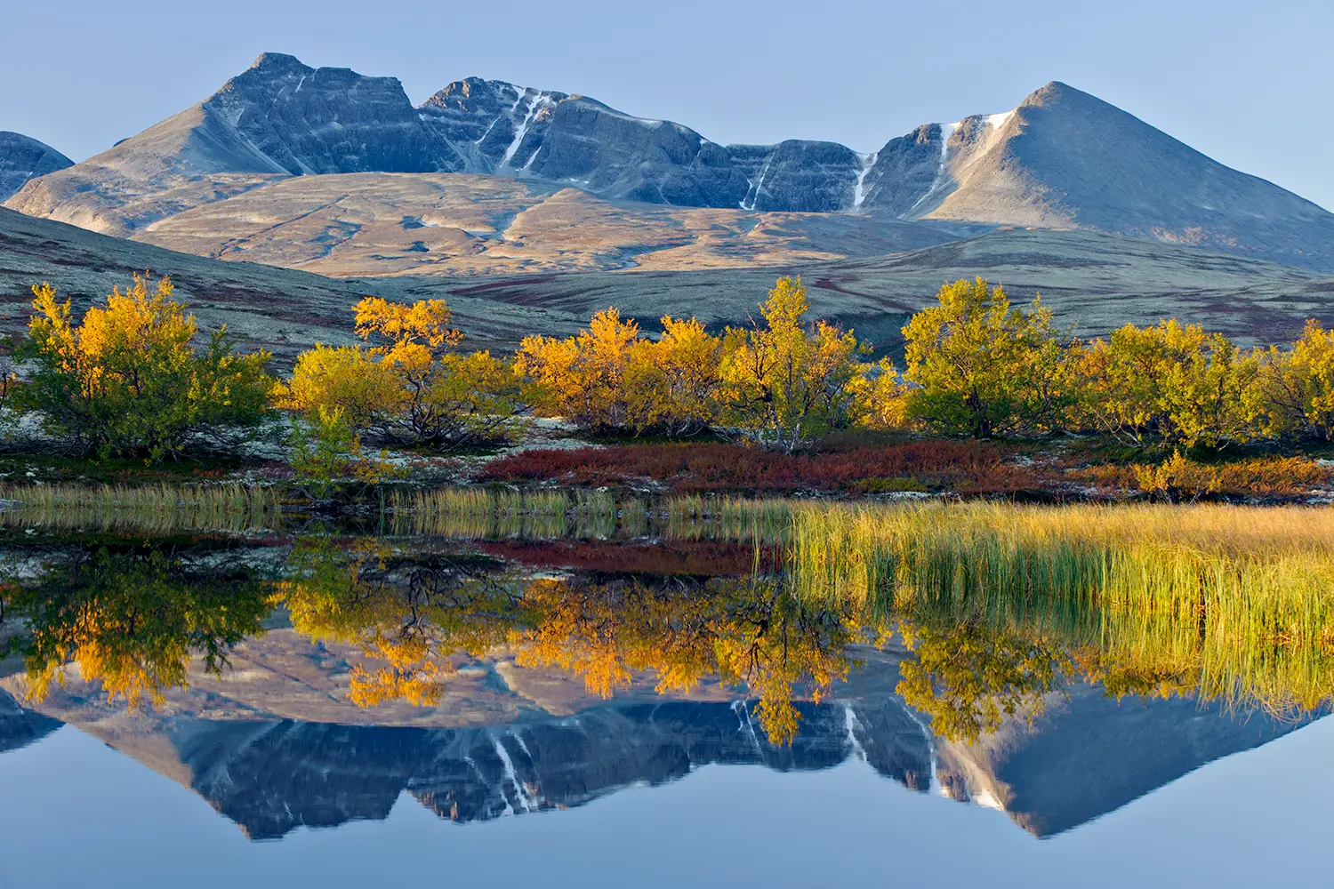 Reflection of Rondslottet mountain in a small lake. Rondane National park, Norway