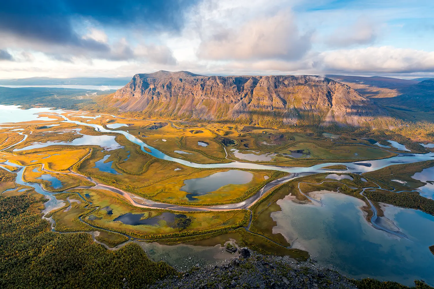 Remote Rapa river valley from the top of Skierfe in Sarek national park in Swedish Lapland.