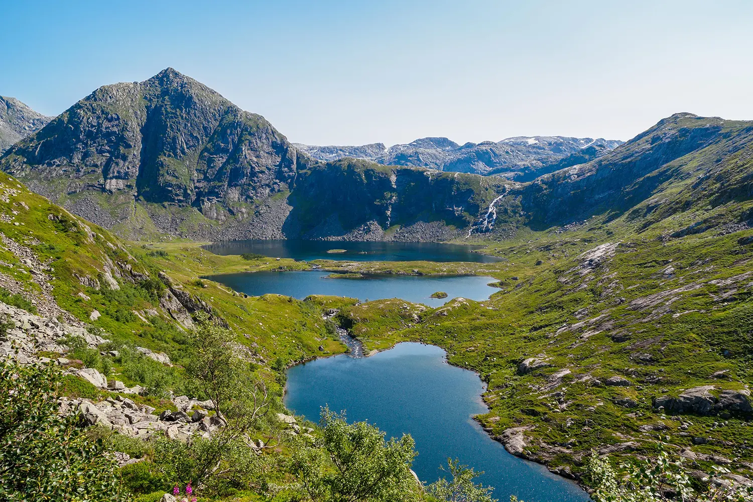 View of mountains and lakes in Folgefonna National Park near Rosendal village, Norway