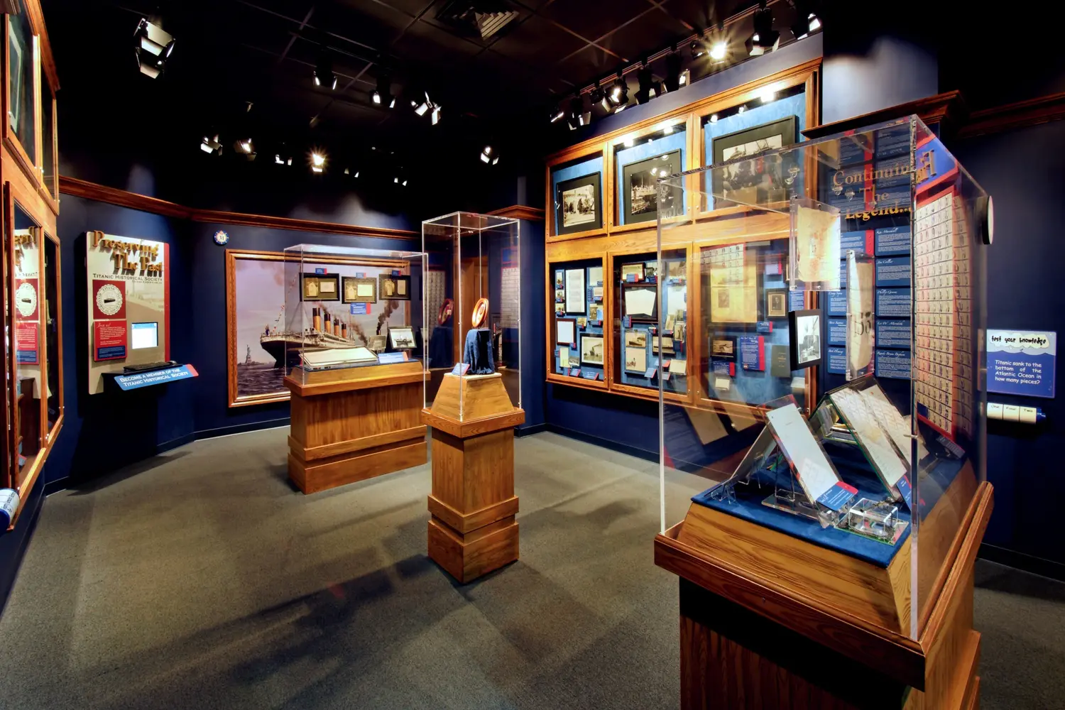 several display cases in the Titanic Museum in Branson, MO.