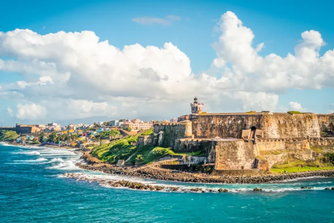 Panoramic landscape of Castillo San Felipe del Morro along the coastline, San Juan, Puerto Rico.