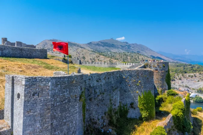 Aerial drone view of the walls of Rozafa Castle in the city Shkoder, Albania
