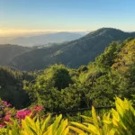 Mesmerizing view from veranda during sunset on mountain range, and Tropical National Forest of El Yunque in Puerto Rico