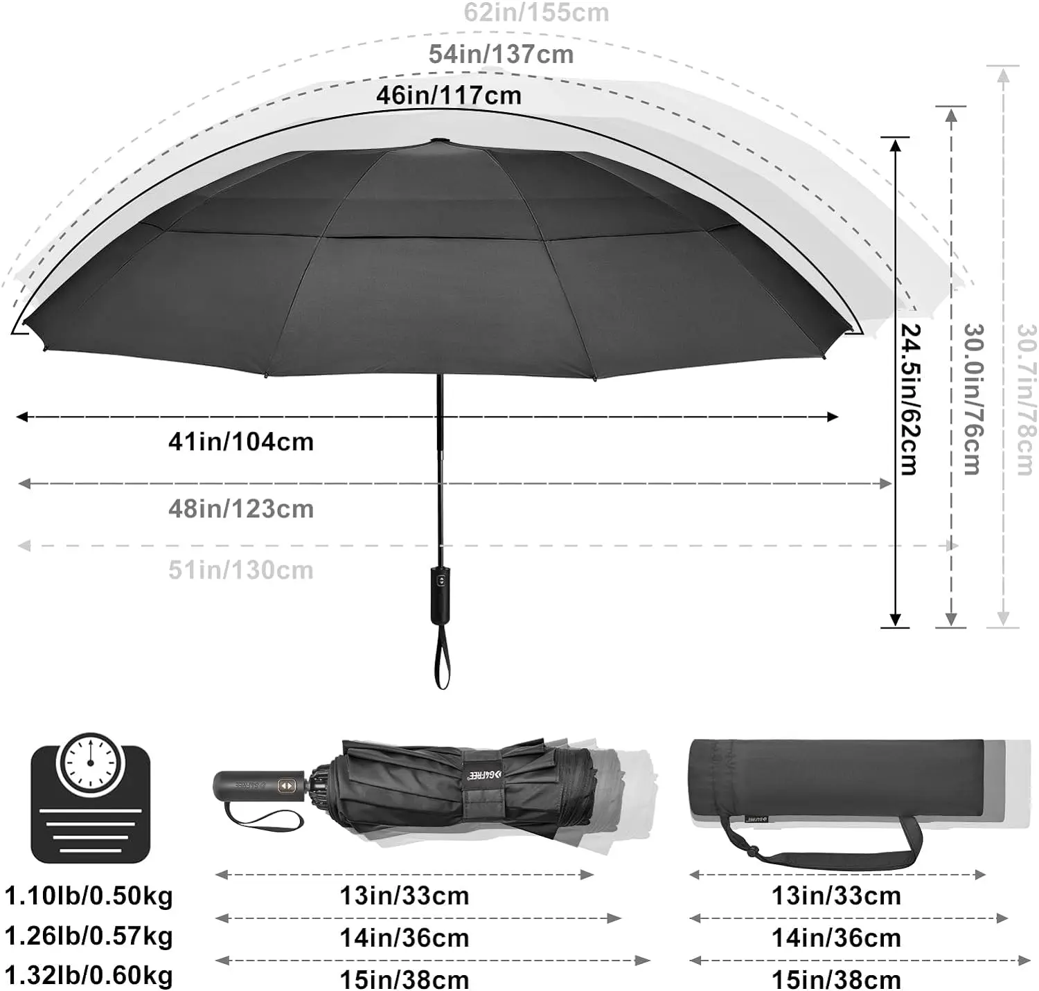 Sizing chart for the G4Free Travel Umbrella