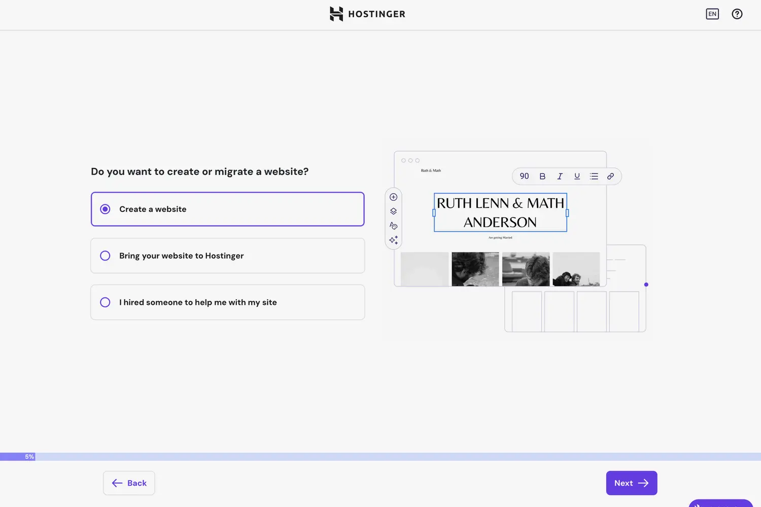 Hostinger create or migrate a website page