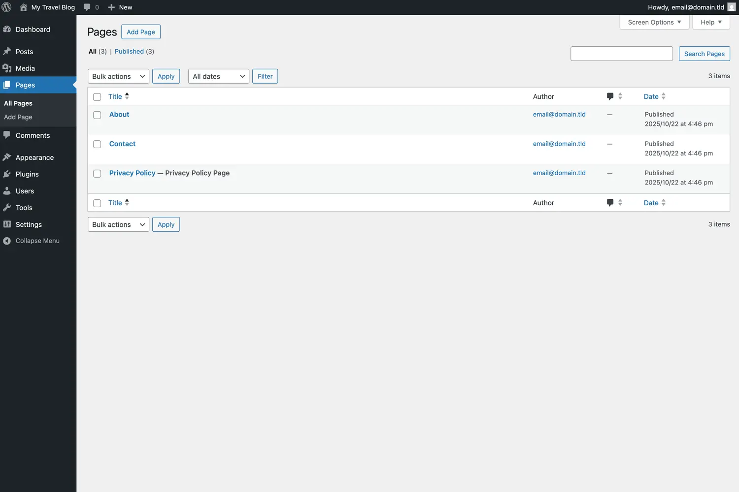 WordPress All Pages Page